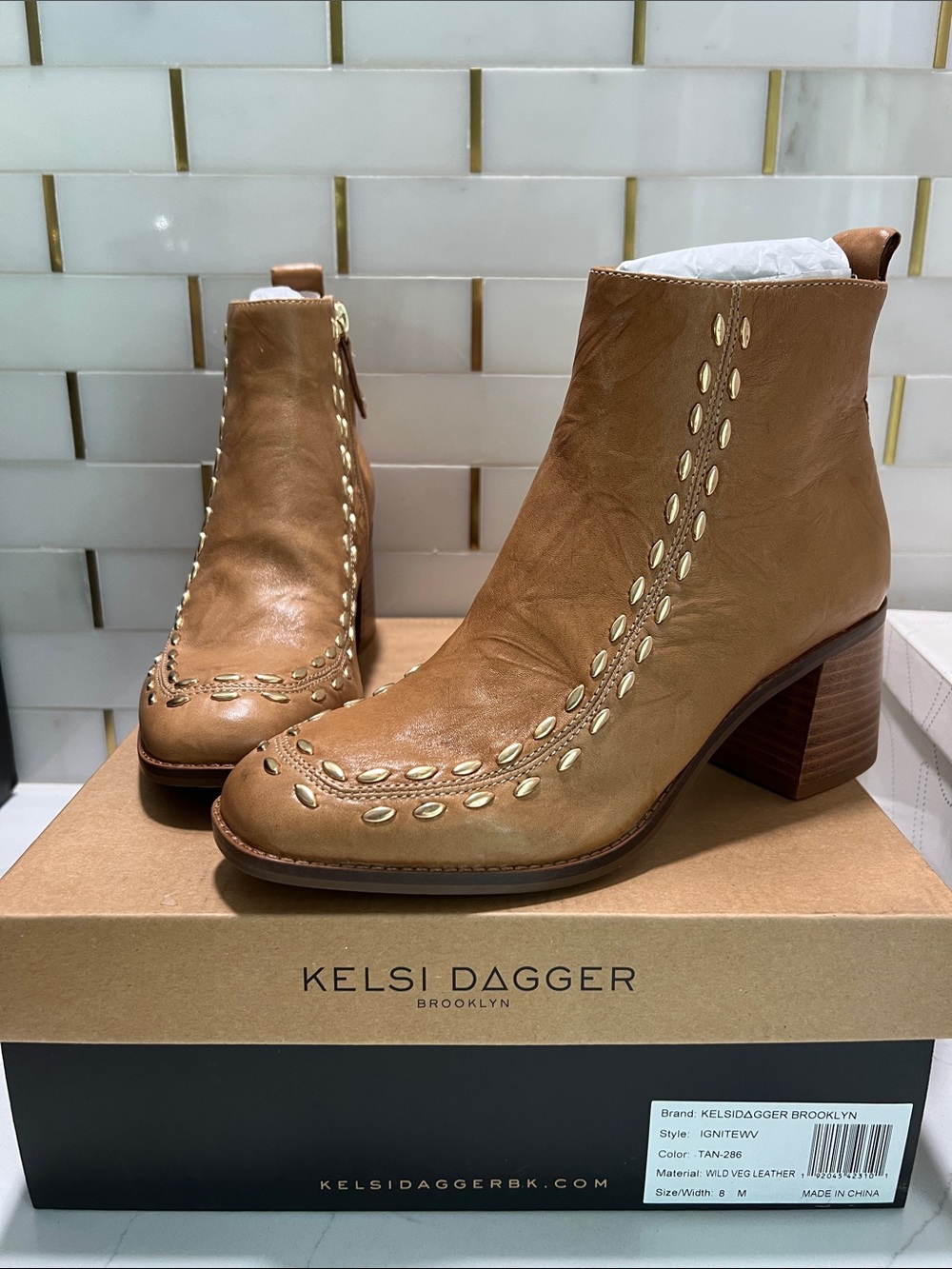 Kelsi Dagger Tan Leather Ankle Boots with Embellished Stitching